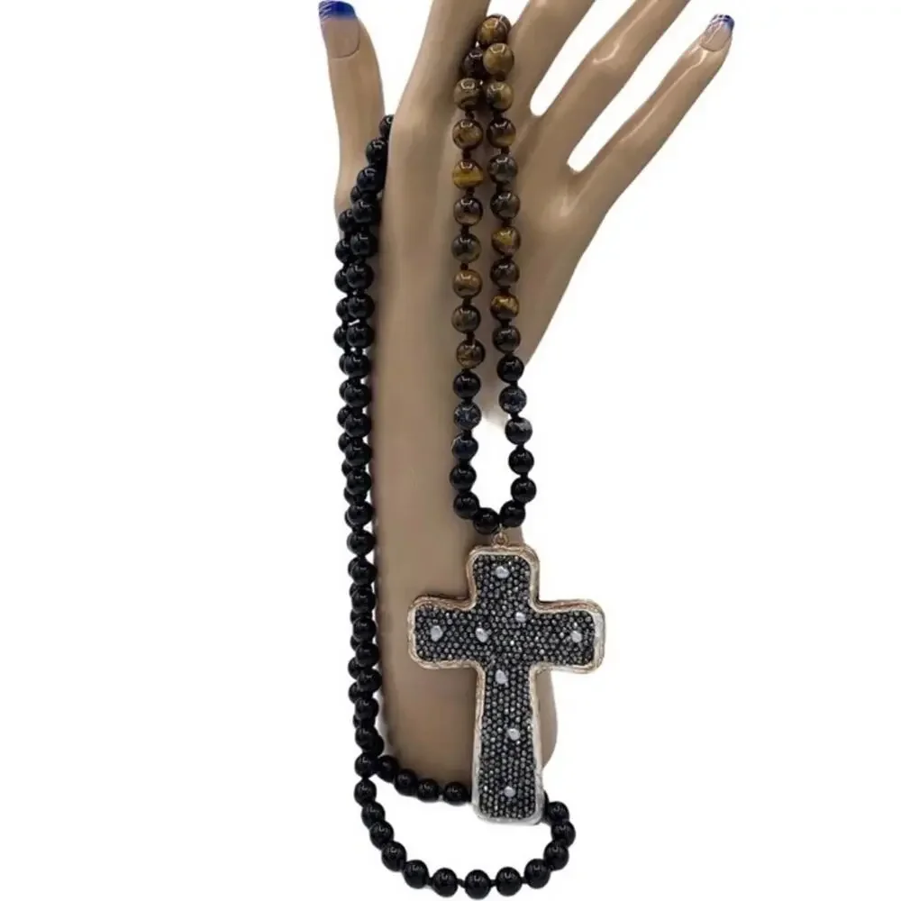 New Fancy Cross Pendant, Semiprecious gemstone onyx tiger eye‎ necklace - Picture 2 of 4